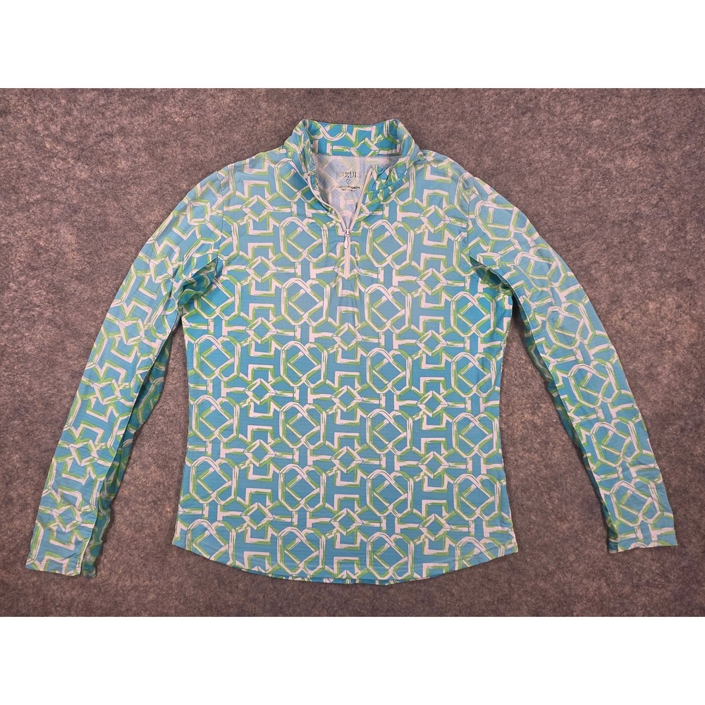 Icikuls Womens Sun Shirt Small Blue Green Geometric Trellis 1/4 Zip Golf Top